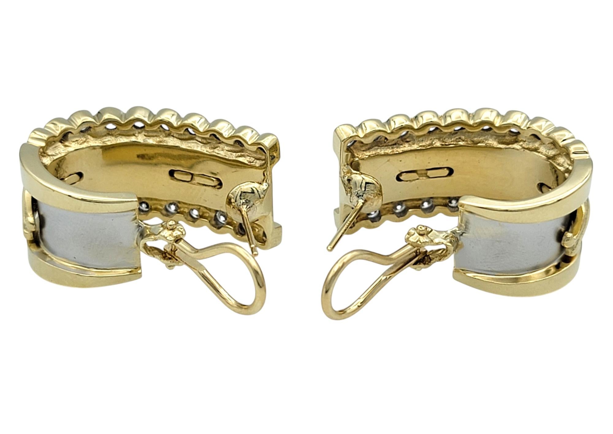 14 Karat Yellow and White Gold Panther Motif J-Hoop Earrings with Diamonds In Good Condition For Sale In Scottsdale, AZ