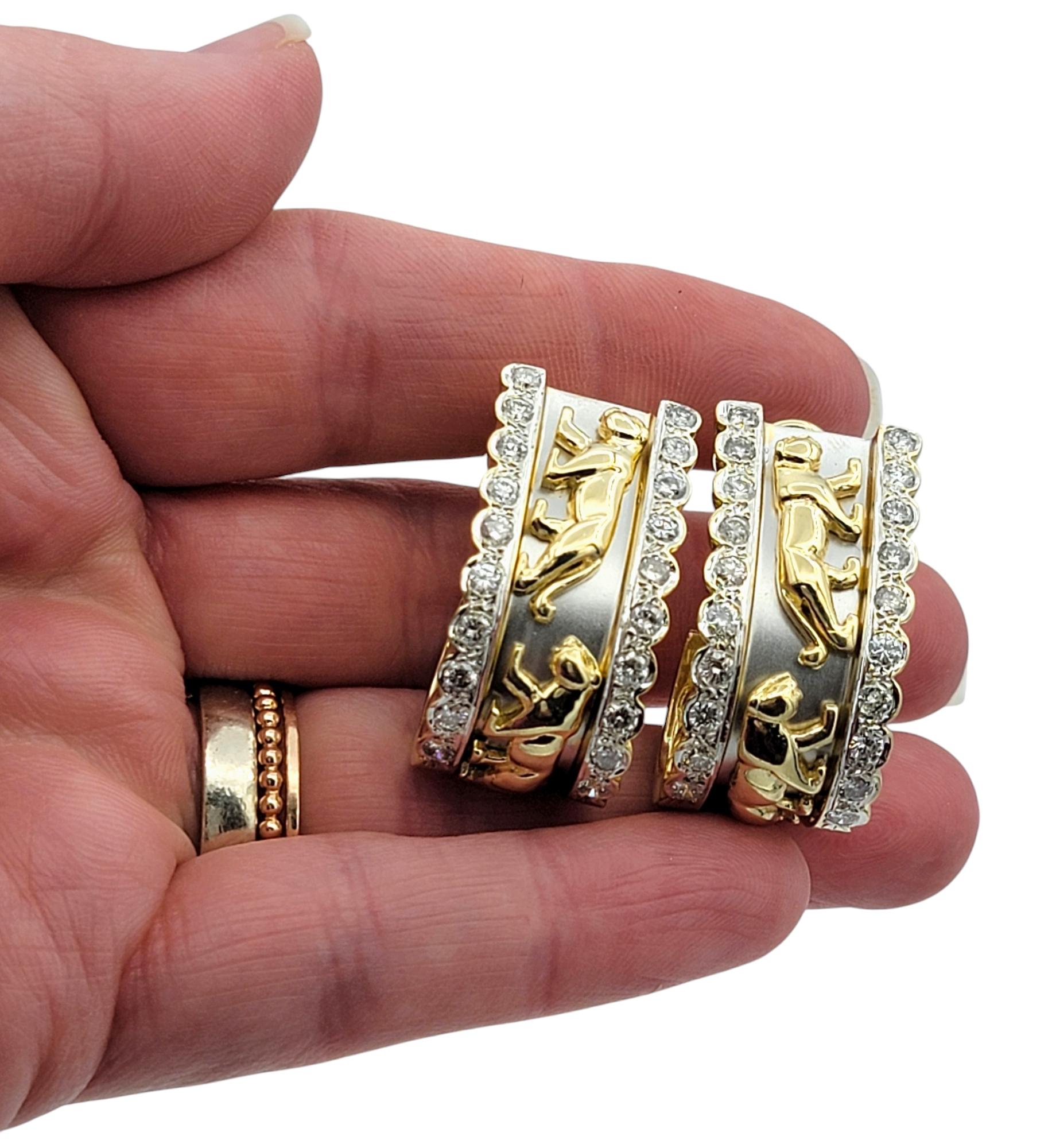 14 Karat Yellow and White Gold Panther Motif J-Hoop Earrings with Diamonds For Sale 1