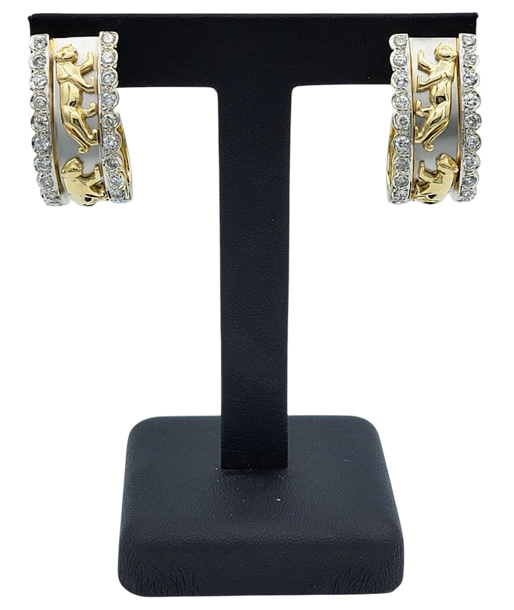 14 Karat Yellow and White Gold Panther Motif J-Hoop Earrings with Diamonds For Sale 2