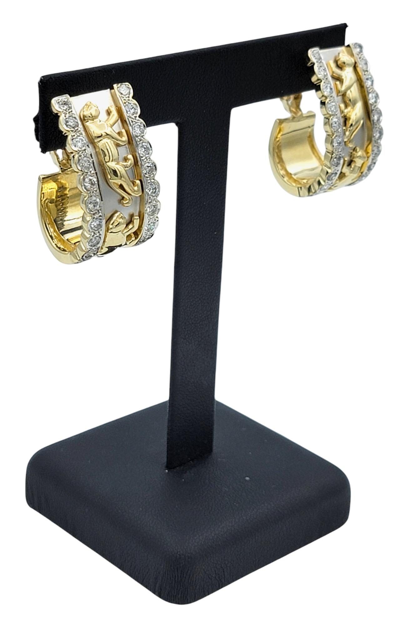 14 Karat Yellow and White Gold Panther Motif J-Hoop Earrings with Diamonds For Sale 3