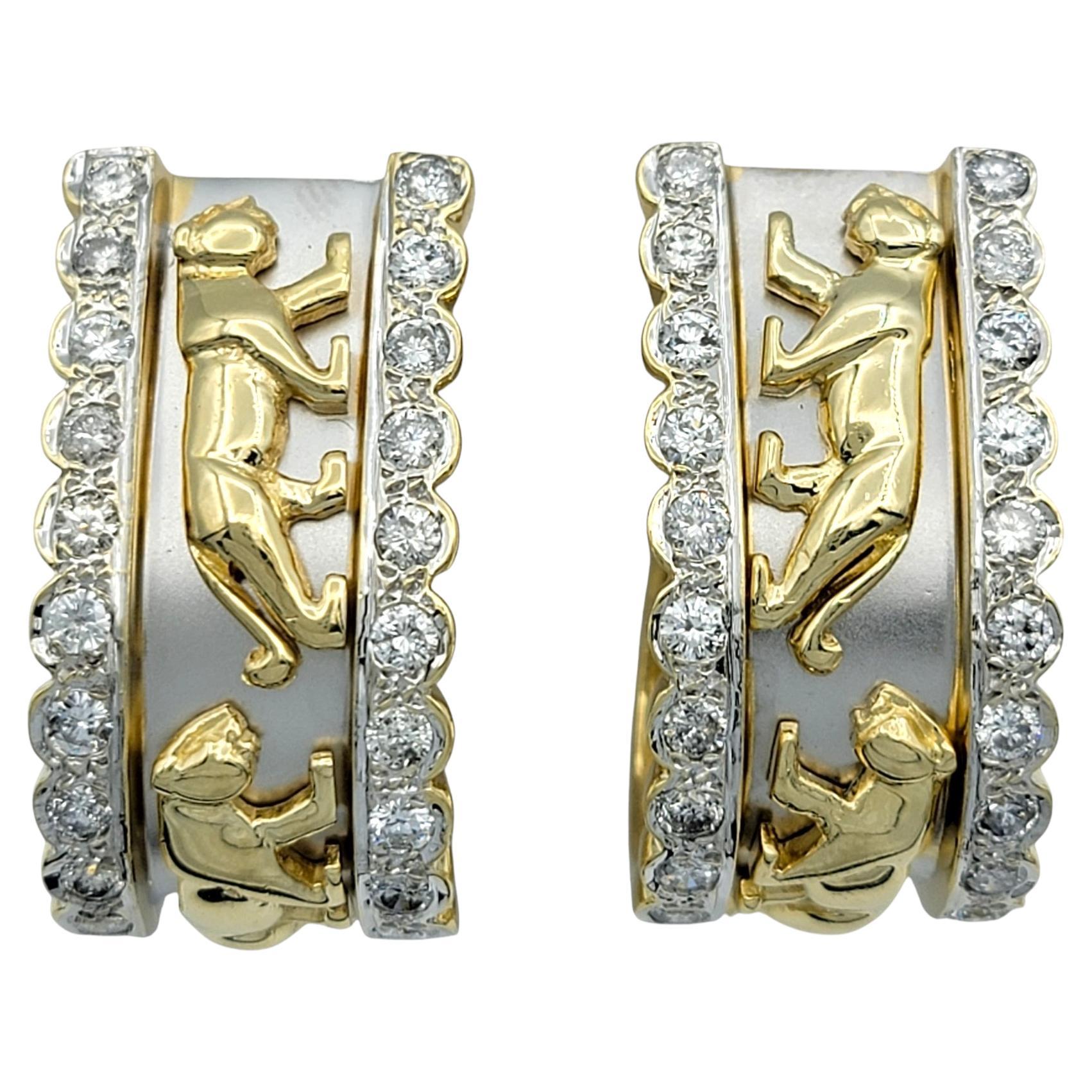 14 Karat Yellow and White Gold Panther Motif J-Hoop Earrings with Diamonds