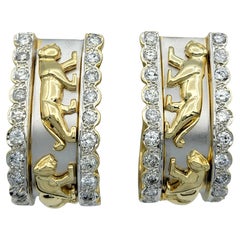 14 Karat Yellow and White Gold Panther Motif J-Hoop Earrings with Diamonds
