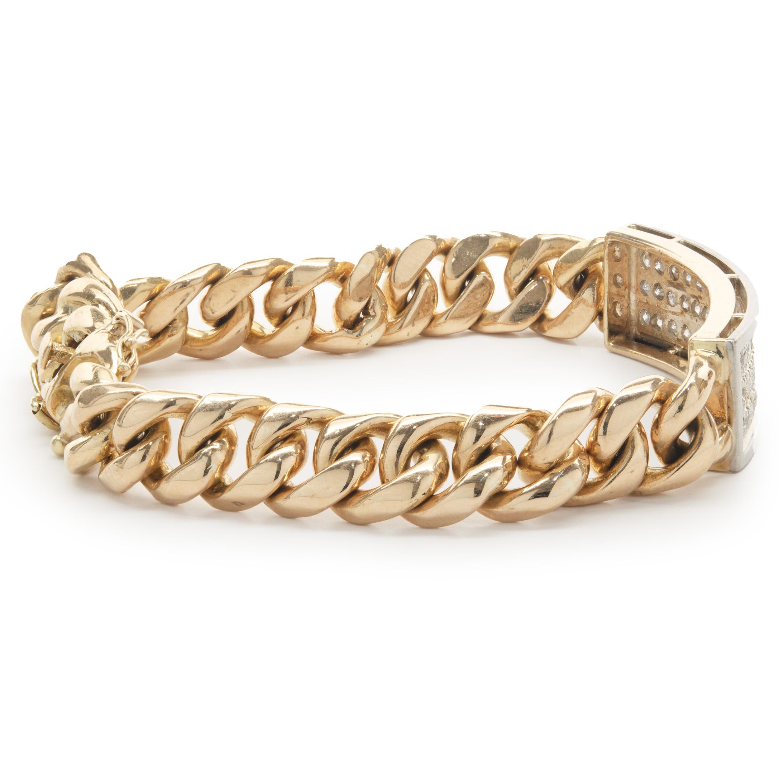 Designer: custom design
Material: 14K yellow & white gold
Diamond: 67 round brilliant cut = 3.35cttw
Color: G / H
Clarity: SI1
Dimensions: bracelet measures 7.75-inches in length
Weight: 23.29 grams