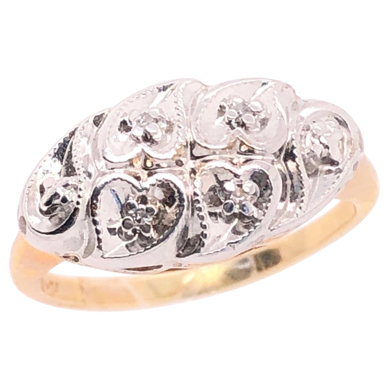 14 Karat Yellow and White Gold Ring with Diamond Multi Hearts For Sale