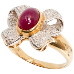 14 Karat Yellow and White Gold Ruby and Diamond Bow Ring