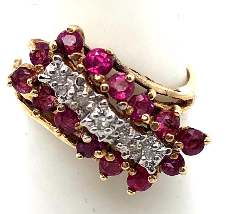 14 Karat Yellow and White Gold Ruby and Diamond Cluster Ring For Sale ...