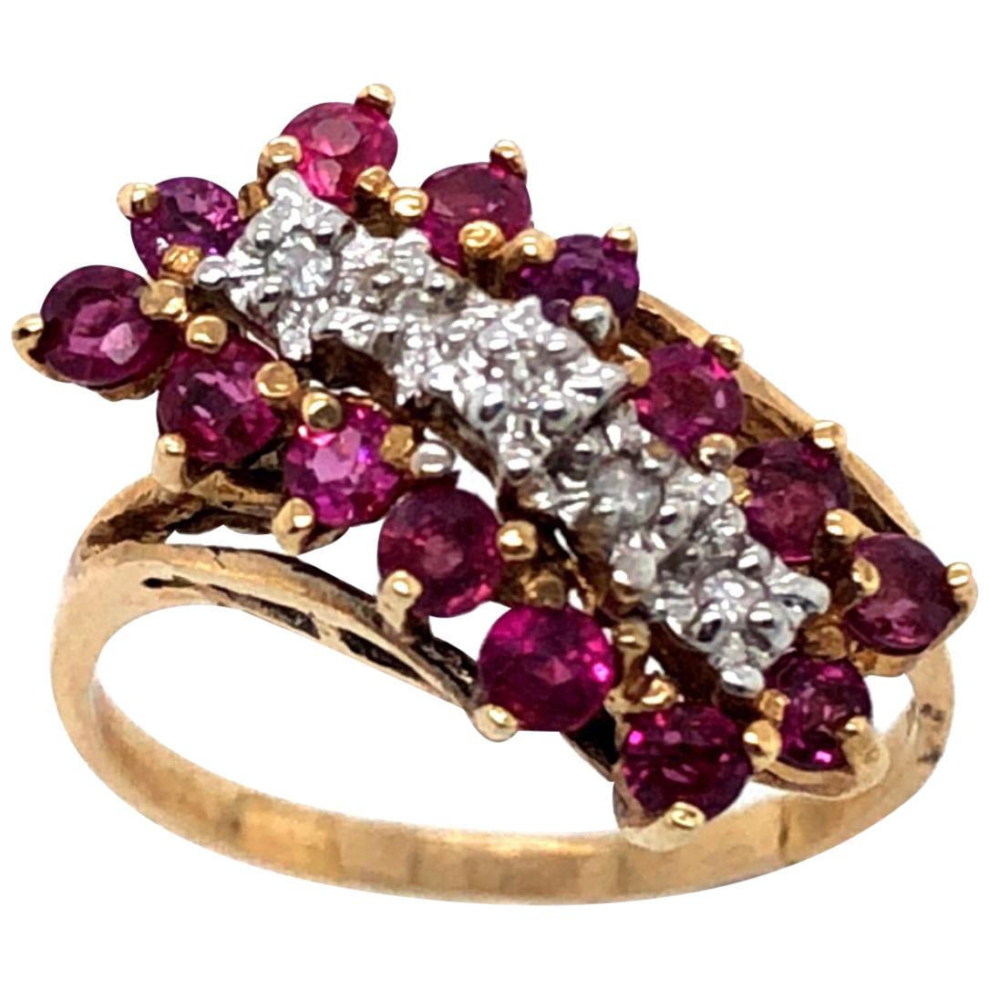 14 Karat Yellow and White Gold Ruby and Diamond Cluster Ring