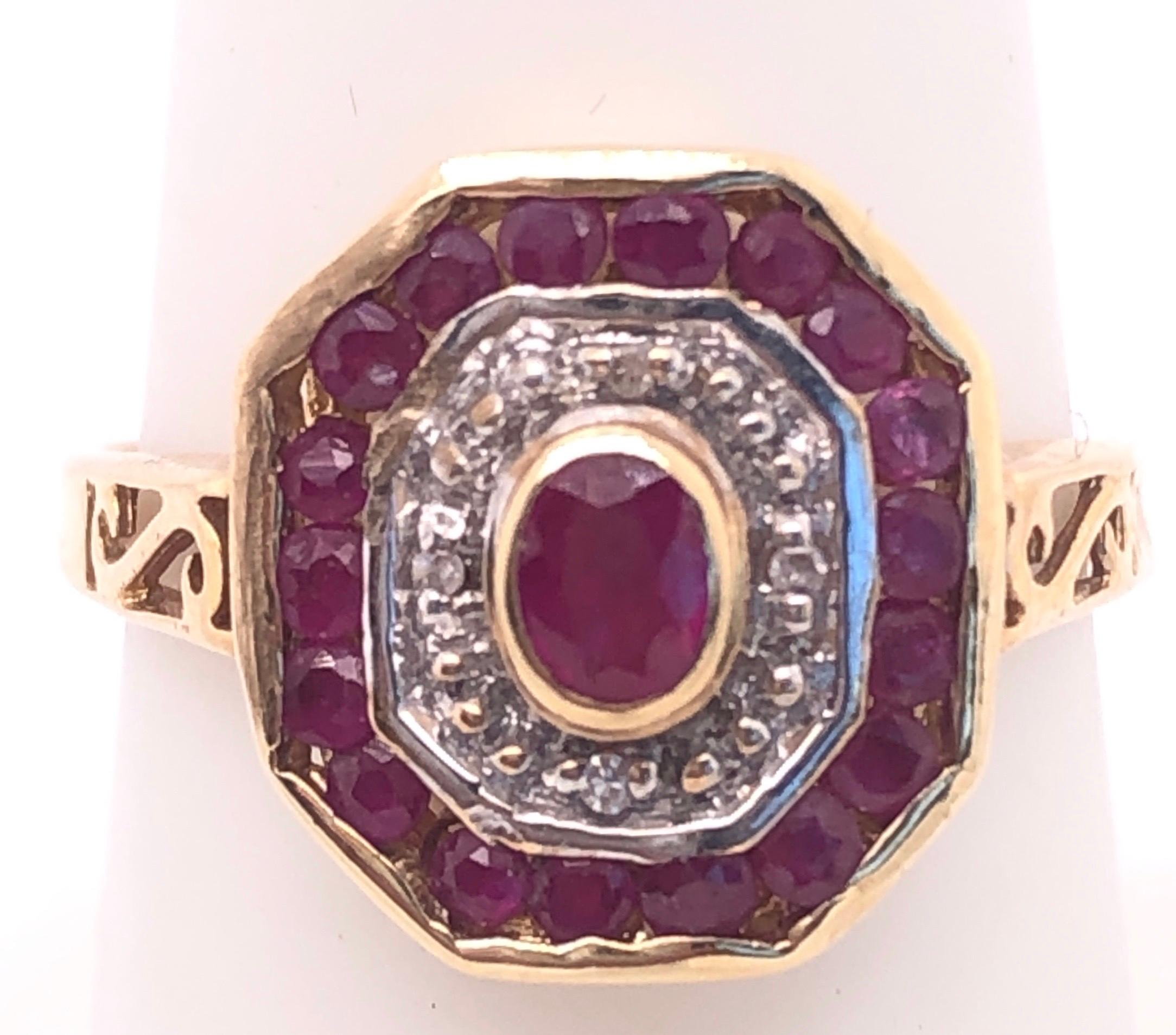 Women's or Men's 14 Karat Yellow and White Gold Ruby and Diamond Ring with Side Scroll