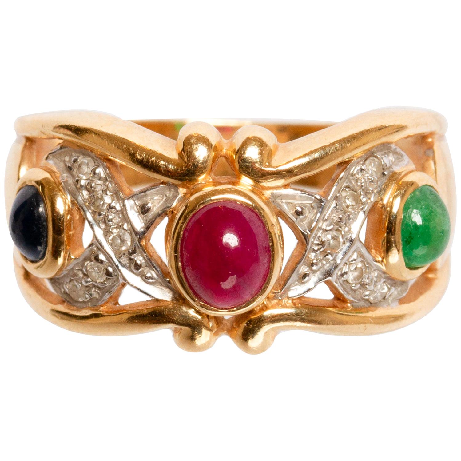 14 Karat Yellow and White Gold Sapphire, Ruby, Emerald and Diamond Ring