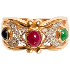14 Karat Yellow and White Gold Sapphire, Ruby, Emerald and Diamond Ring