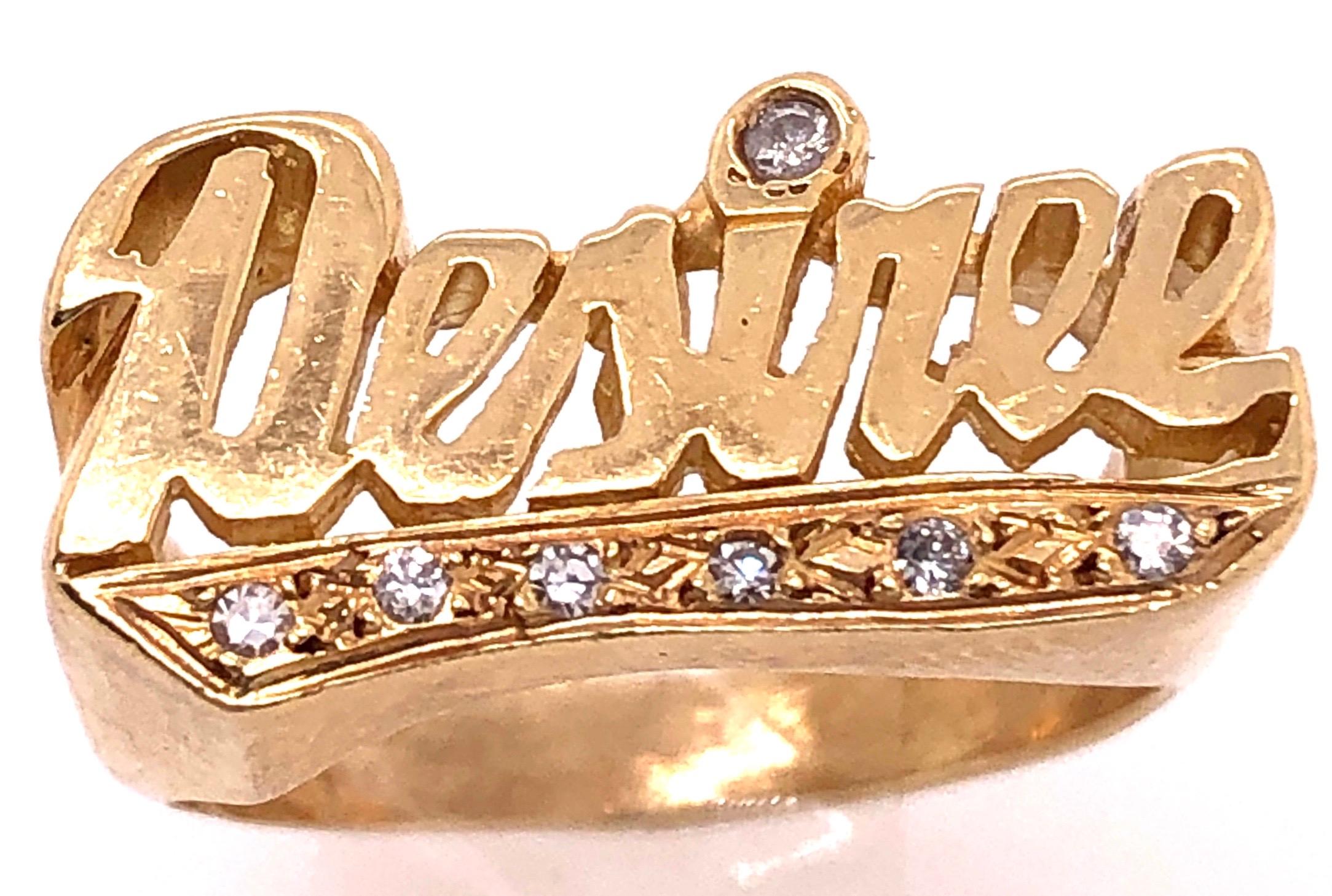 14 Karat Two Tone Yellow and Gold Name Style/Desiree Ring with Diamonds.
6 piece round diamonds.
Size 7
6 grams total weight.
