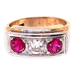 14 Karat Yellow and White Gold Three-Stone Diamond and Ruby Band Ring