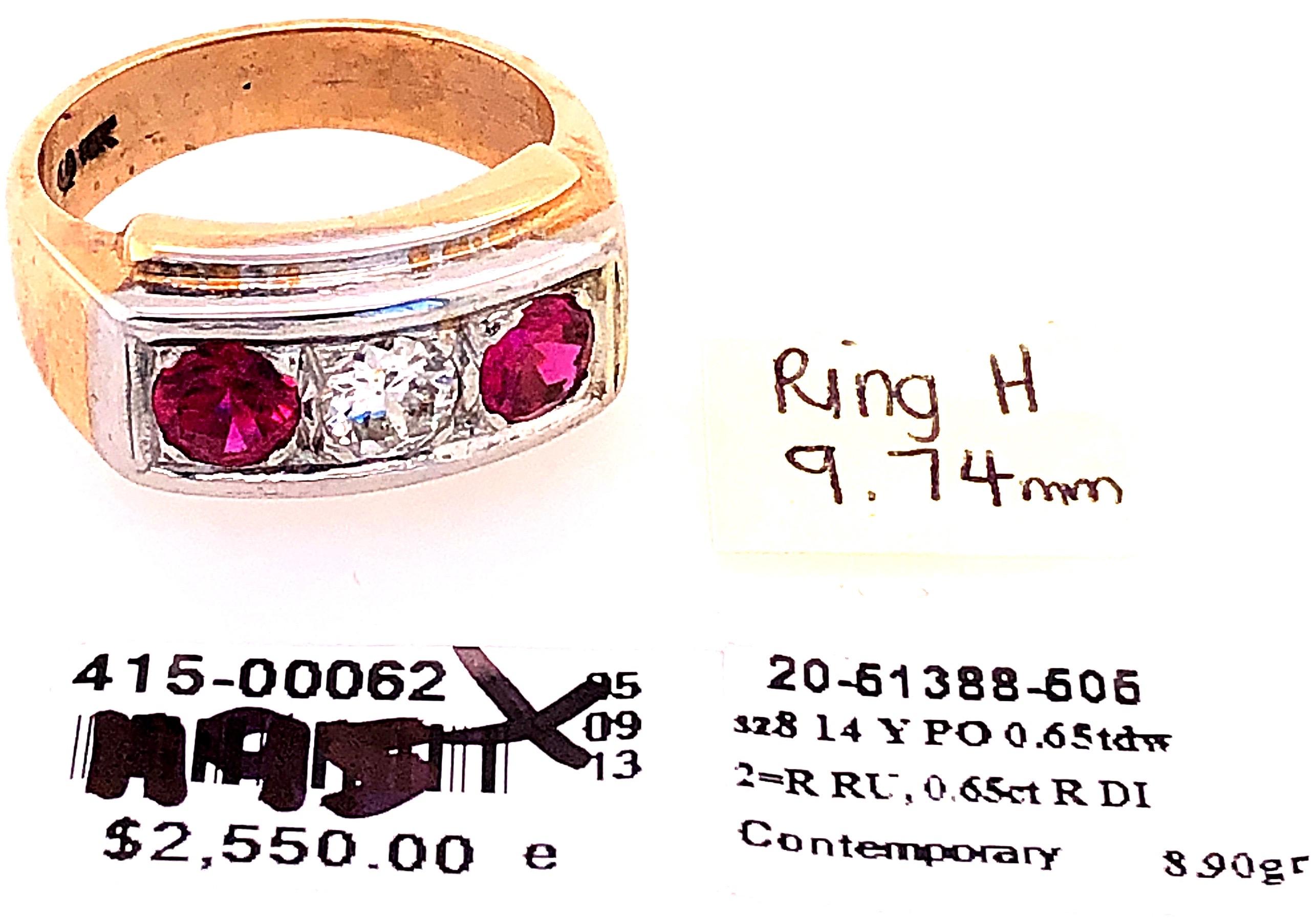 14 Karat Yellow and White Gold Three-Stone Diamond and Ruby Band Ring For Sale 2