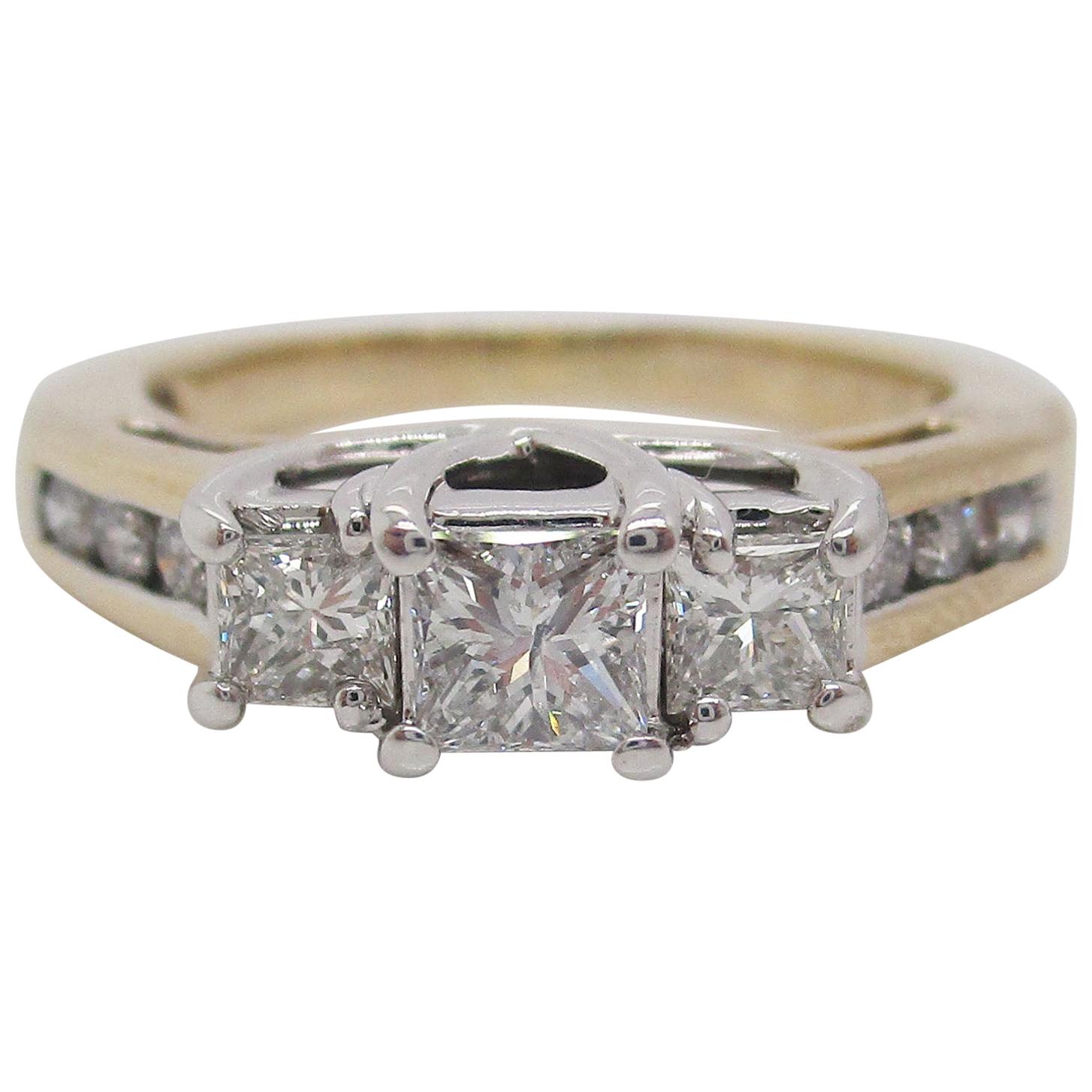 14 Karat Yellow and White Gold Three-Stone Princess Cut Diamond Engagement Ring