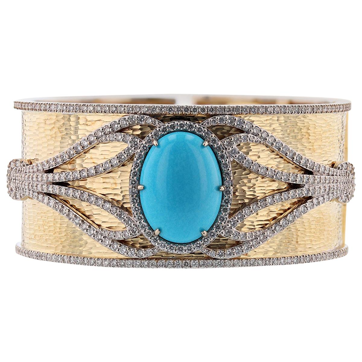 14 Karat Yellow and White Gold Turquoise and Diamond Bangle For Sale