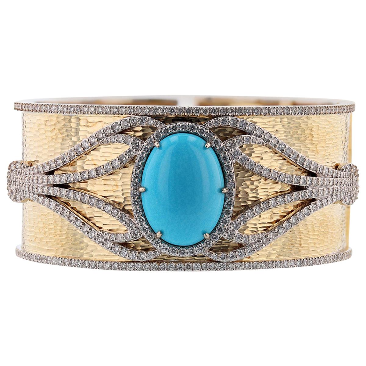 14 Karat Yellow and White Gold Turquoise and Diamond Bangle