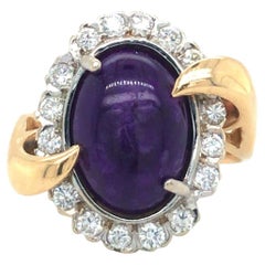 14 Karat Yellow and White Gold Vintage Sugilite and Diamond Halo Cocktail Ring