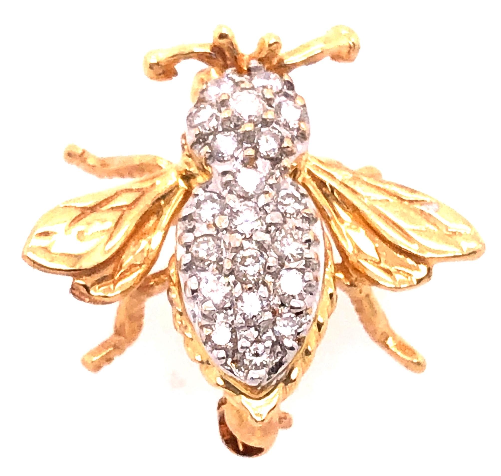 Round Cut 14 Karat Yellow and White Gold with Diamond Bee / Insect Brooch For Sale
