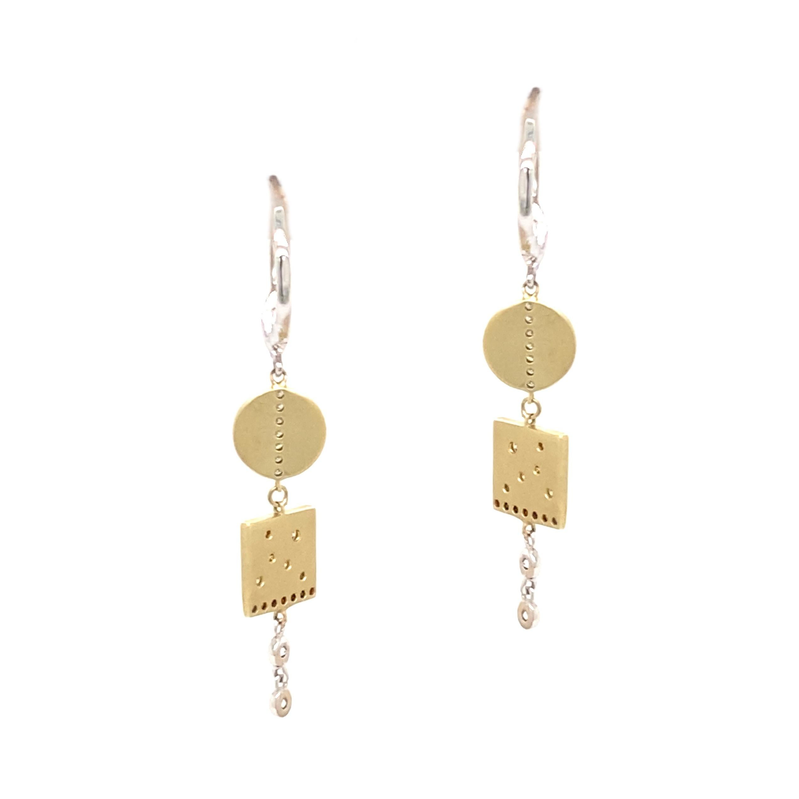 14 Karat earrings -  Yellow round and Square Discs with  diamond drops set in white gold.
Leverback 
48 round diamonds .289 Carat Total Weight  G-H/SI1 
Wearable modern earrings!