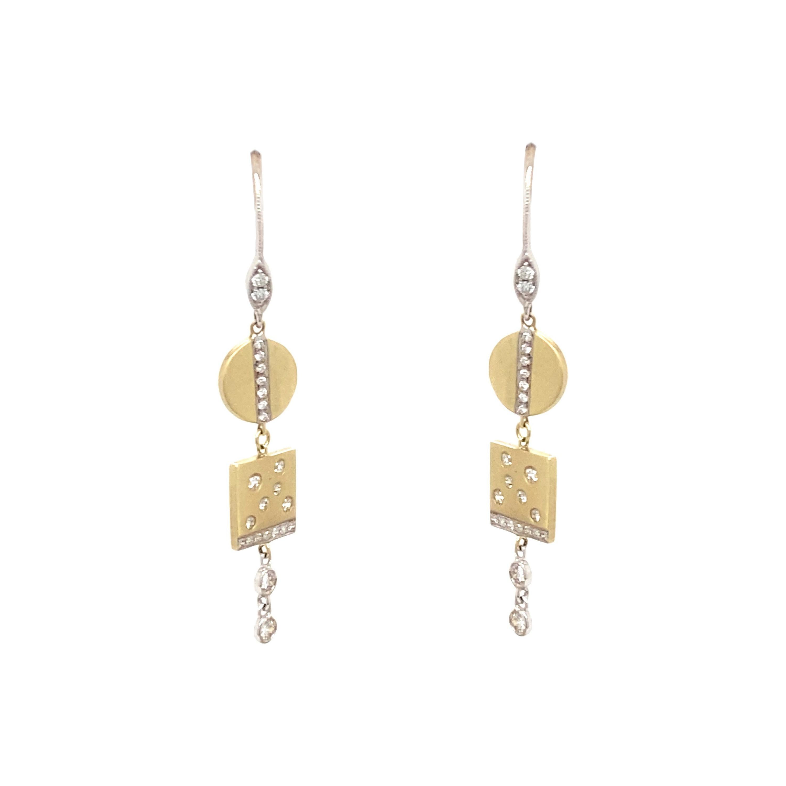 14 Karat Yellow and White Gold  Drop Earrings with Mixed Shapes 