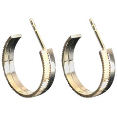 14 Karat Yellow and White Solid Gold Structured Sparkling Creole Hoop Earrings