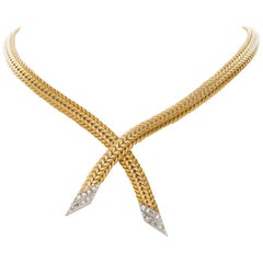 Vintage 14 Karat Yellow and White Woven Gold Diamond Lariat Choker Necklace