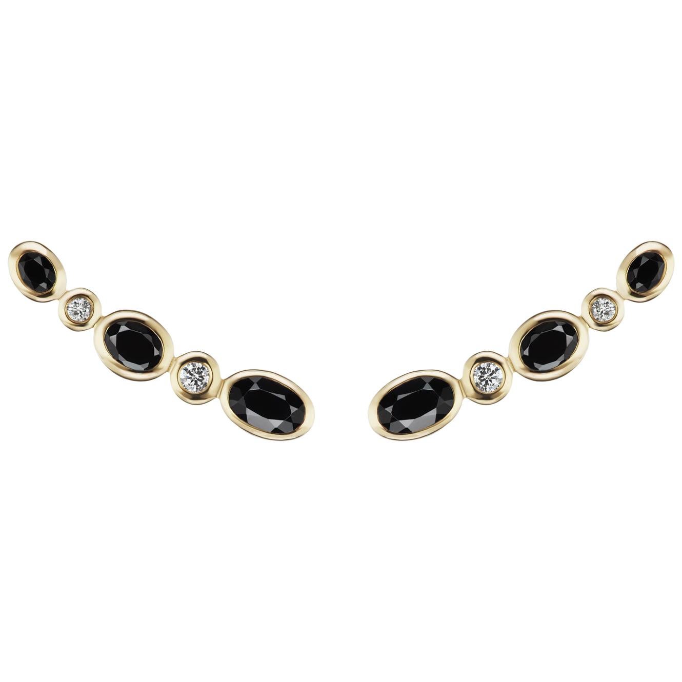 14 Karat Yellow Black Spinel and Diamond Climber Earrings For Sale