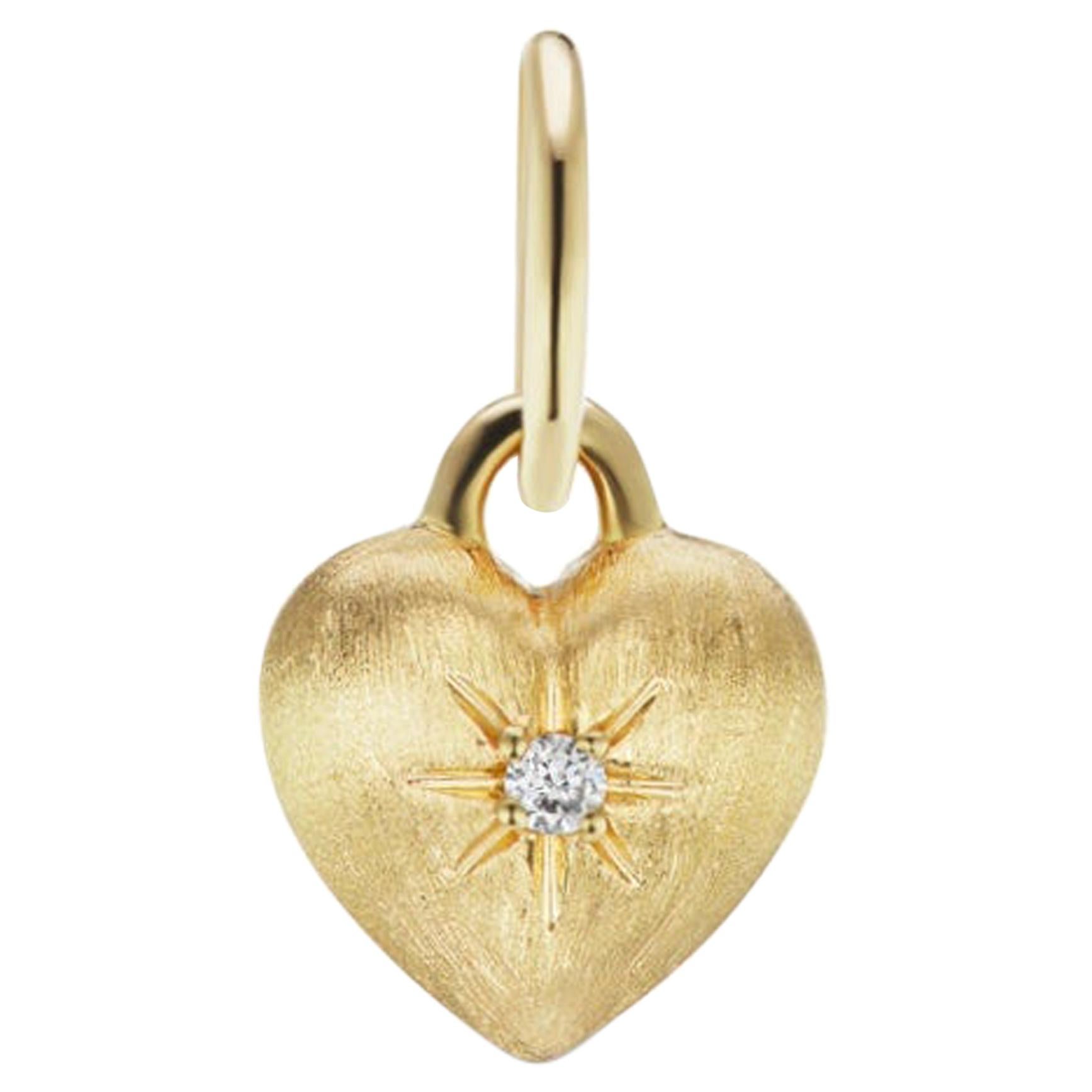 14 Karat Yellow Brushed Gold and Diamond Heart Pendant Charm For Sale