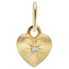 14 Karat Yellow Brushed Gold and Diamond Heart Pendant Charm