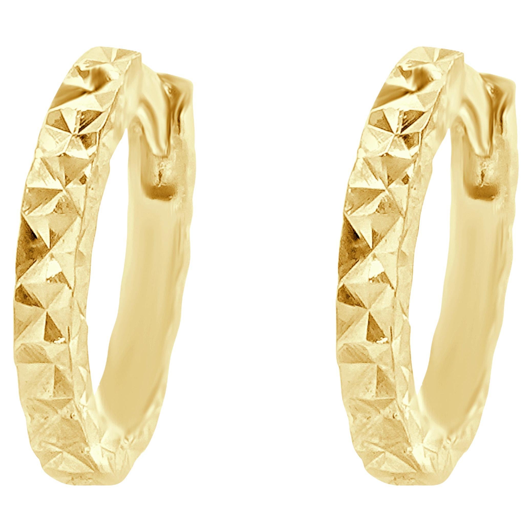 14 Karat Yellow Diamond Cut Huggie Hoop Earrings