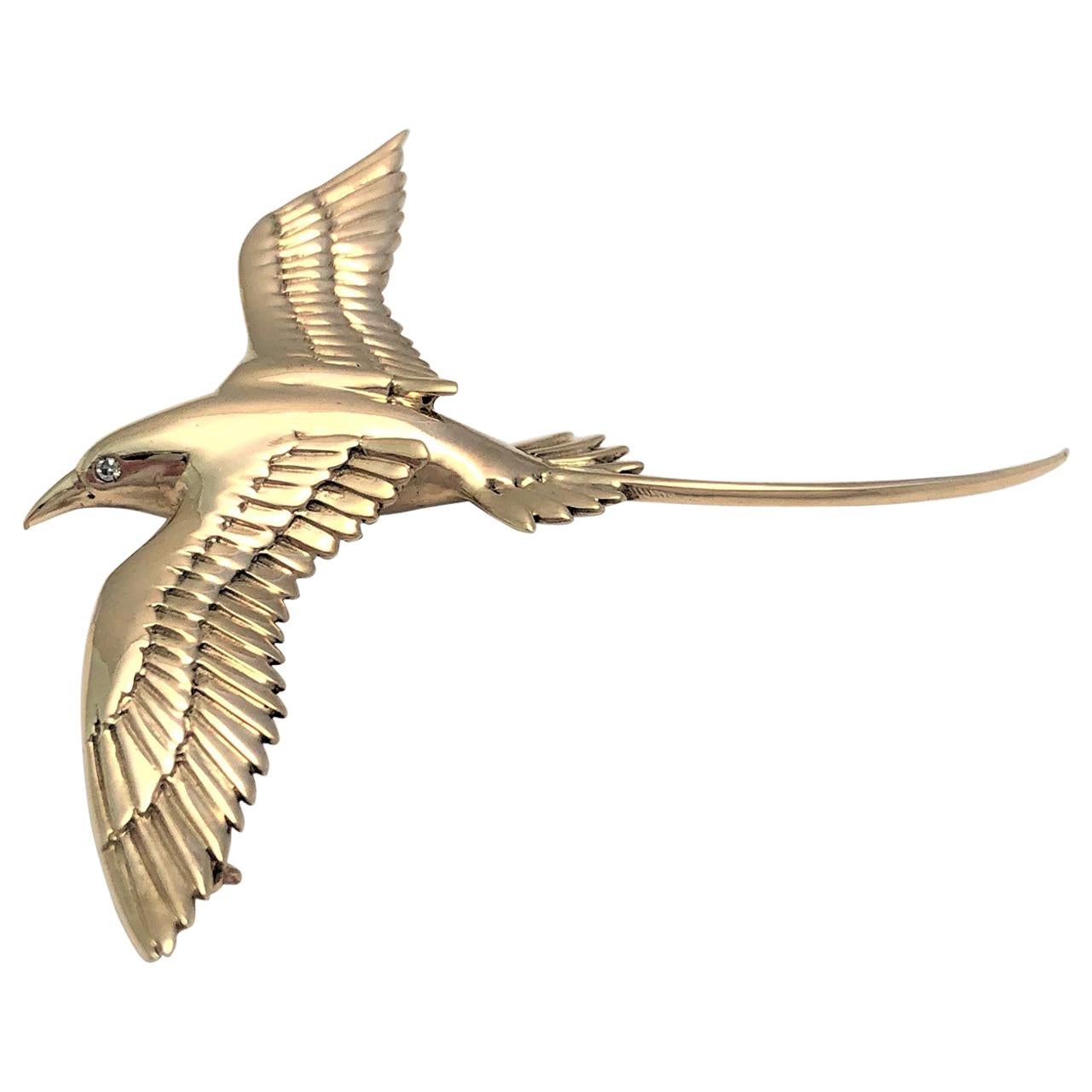14 Karat Yellow Diamond Long-Tailed Bird Brooch