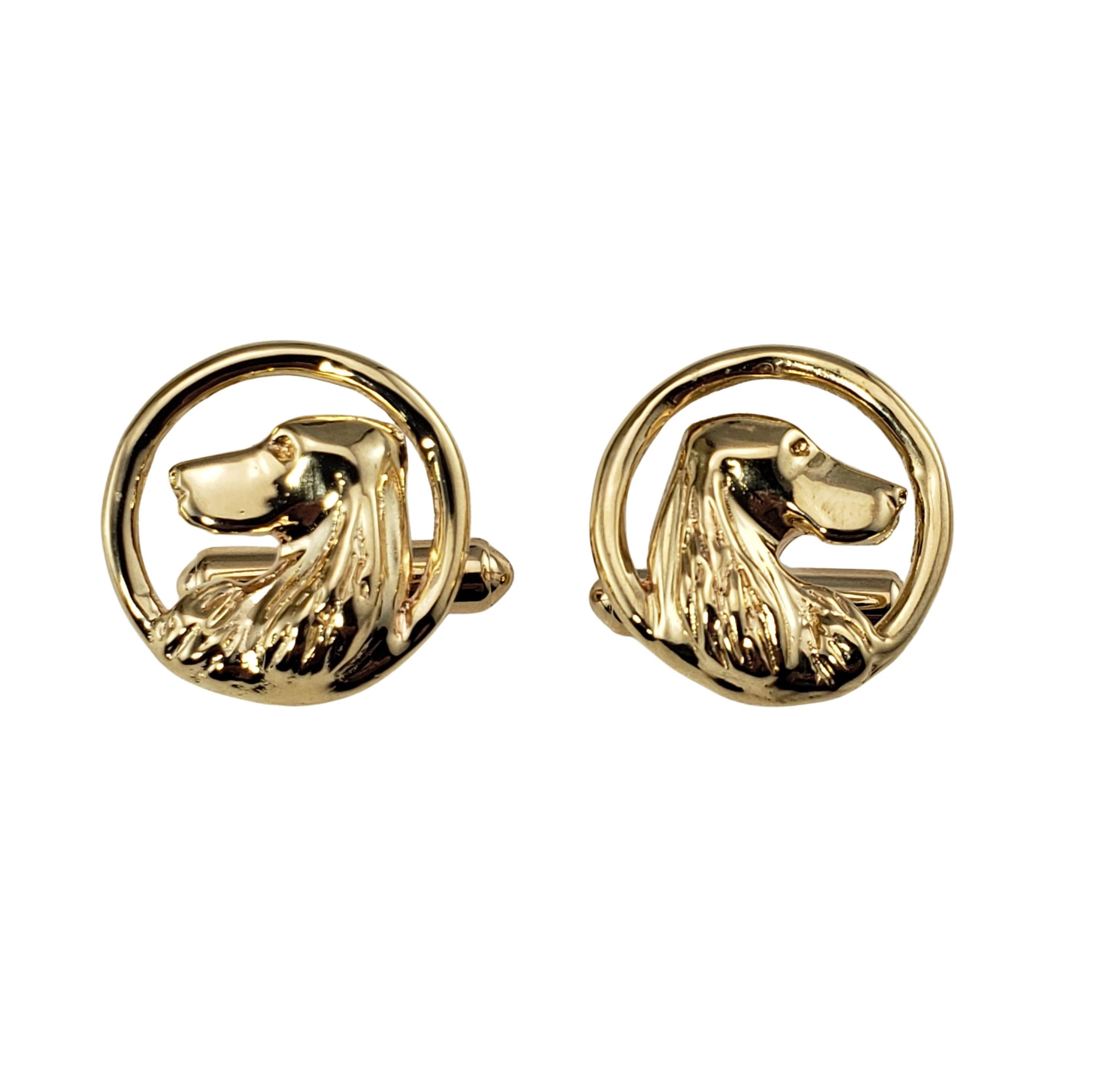 Vintage 14 Karat Yellow Gold Dog Cufflinks-

These elegant cufflinks feature a handsome dog in profile crafted in beautifully detailed 14K yellow gold.

Size: 17 mm

Weight: 8.0 dwt. / 12.5 gr.

Stamped: 585

Very good condition, professionally