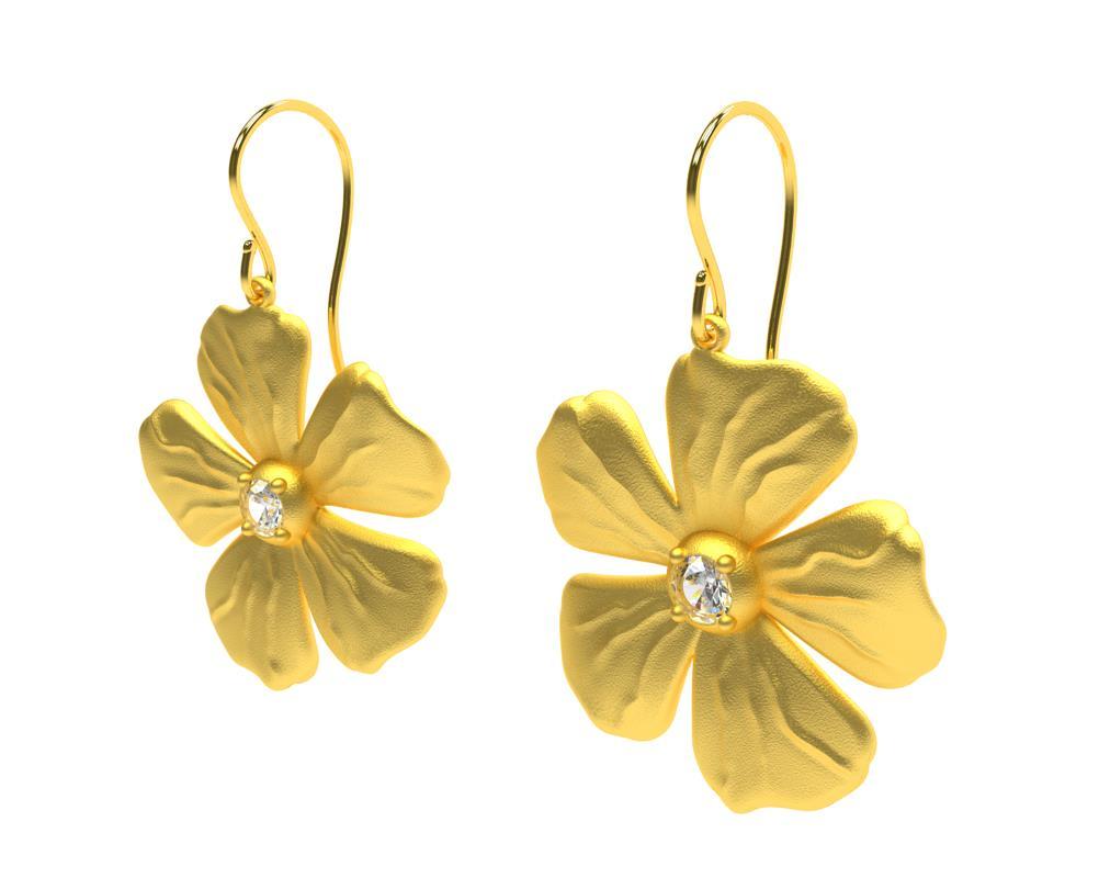 14 Karat Yellow Gia Diamond Periwinkle Flower Earrings In New Condition For Sale In New York, NY