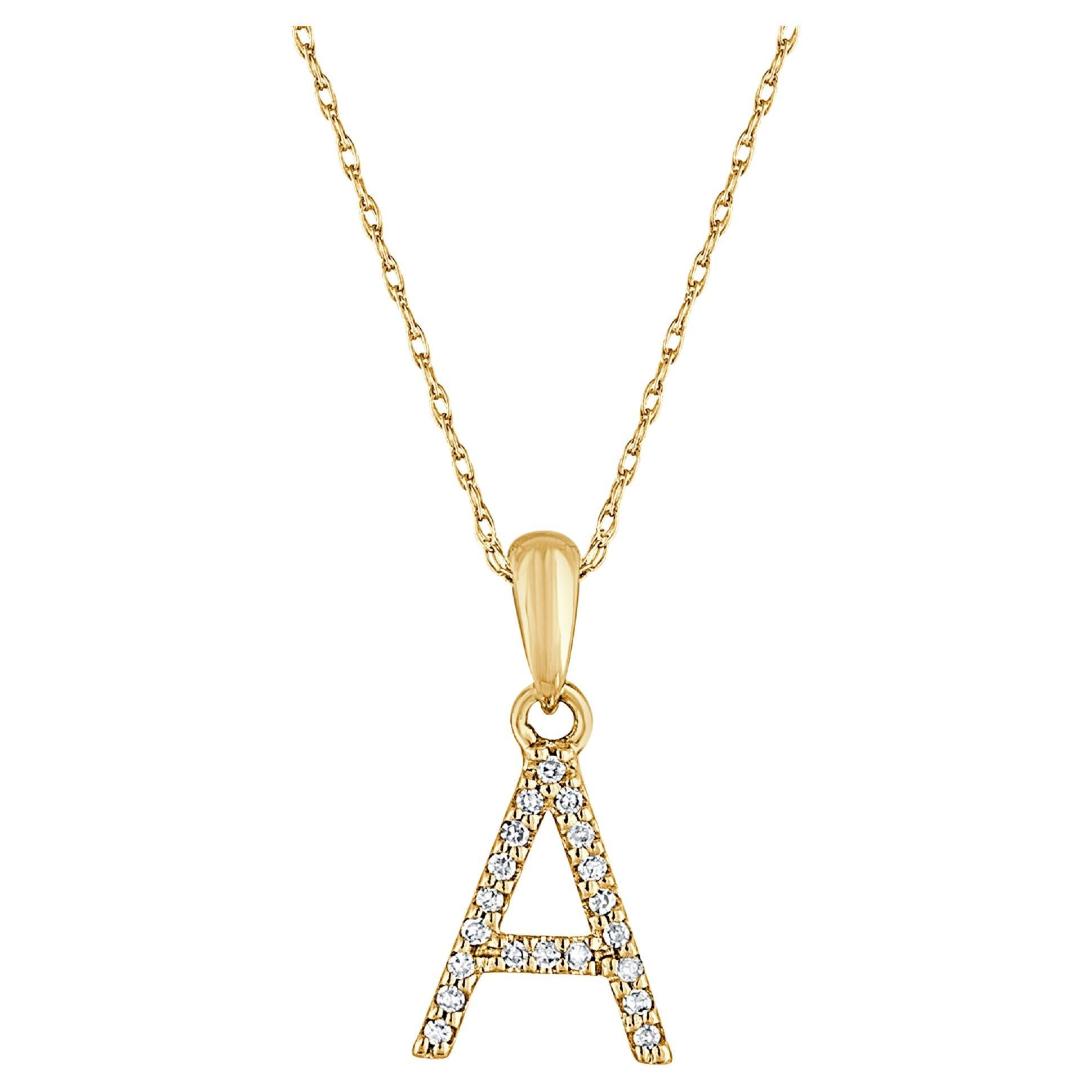 14 Karat Yellow Gold 0.06 Carat Diamond Initial Pendant Necklace, Initial A For Sale