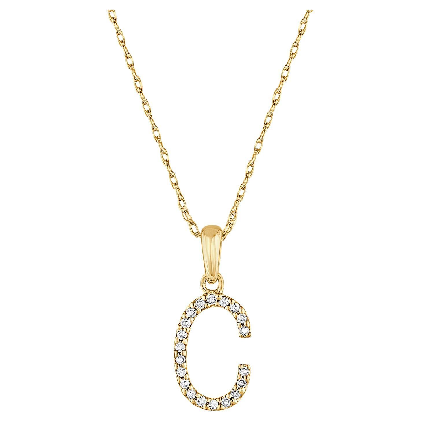 14 Karat Yellow Gold 0.06 Carat Diamond Initial Pendant Necklace, Initial C For Sale