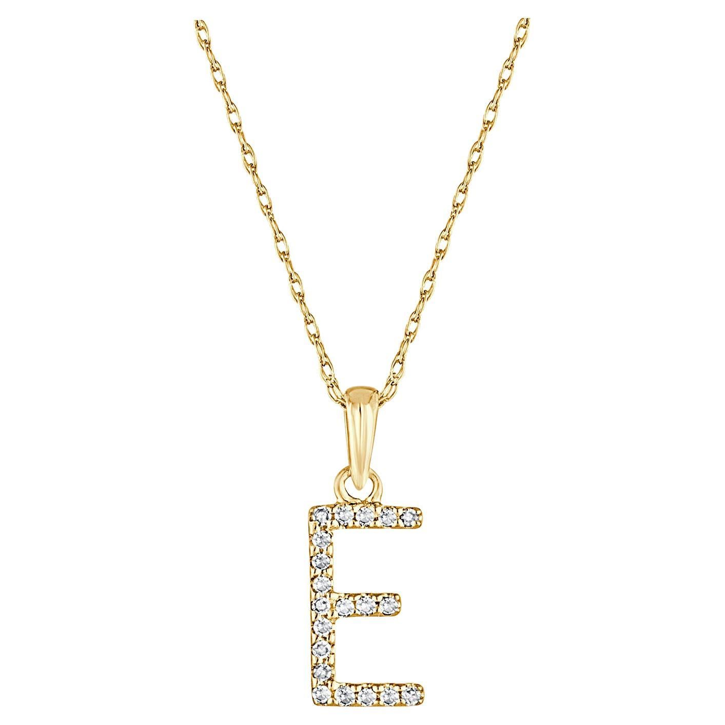 14 Karat Yellow Gold 0.06 Carat Diamond Initial Pendant Necklace, Initial E For Sale