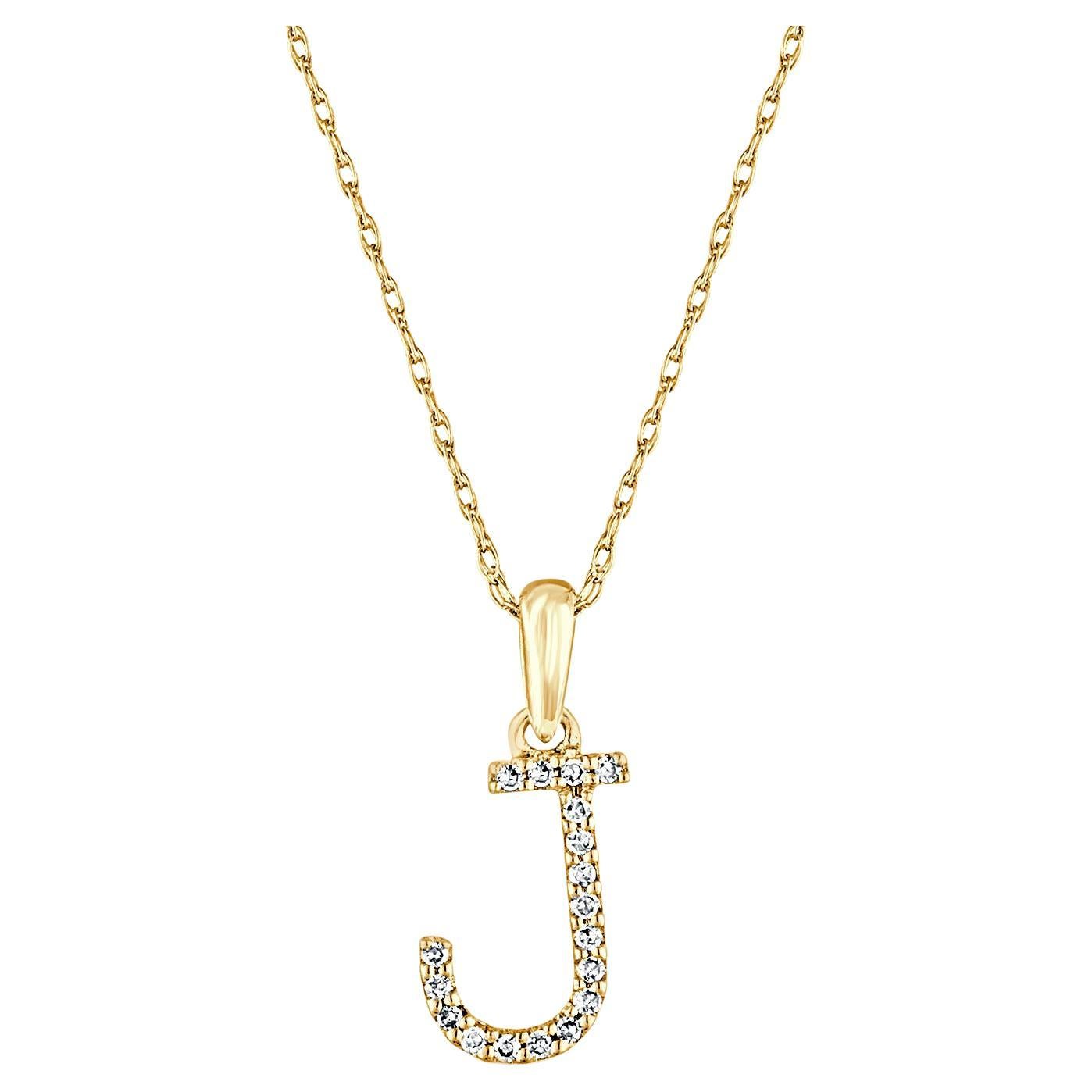 14 Karat Yellow Gold 0.06 Carat Diamond Initial Pendant Necklace, Initial J For Sale