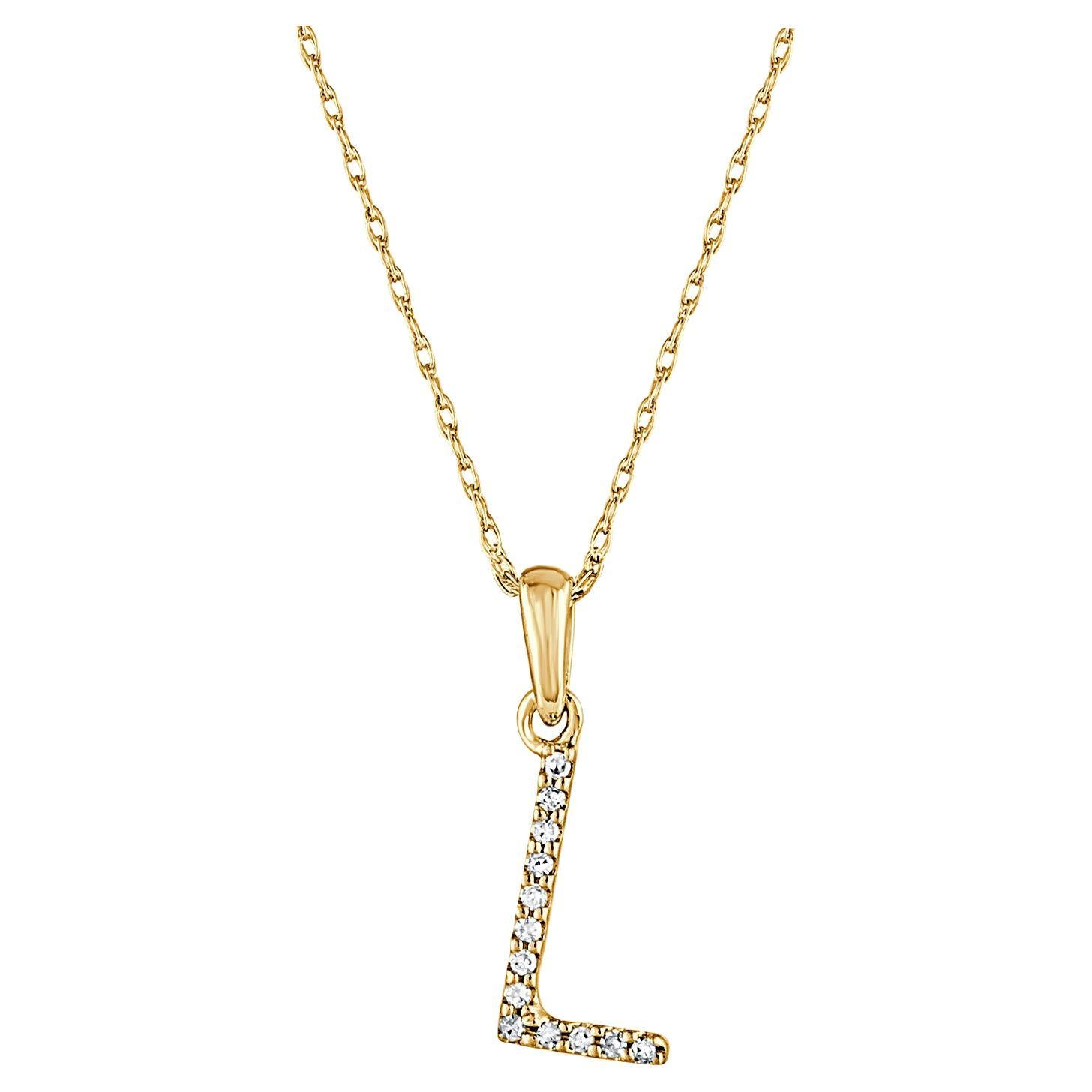14 Karat Yellow Gold 0.06 Carat Diamond Initial Pendant Necklace, Initial L For Sale