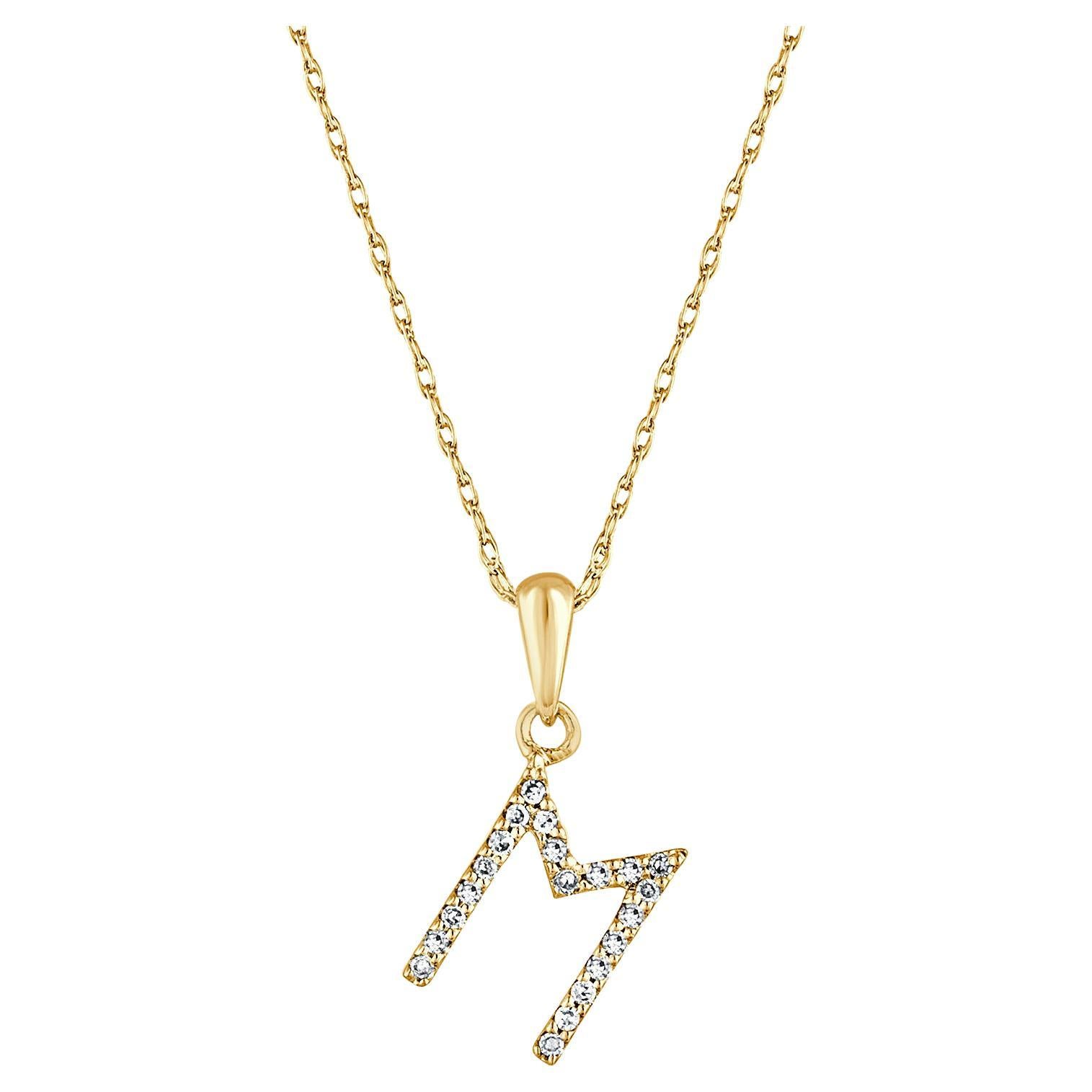 14 Karat Yellow Gold 0.06 Carat Diamond Initial Pendant Necklace, Initial M For Sale