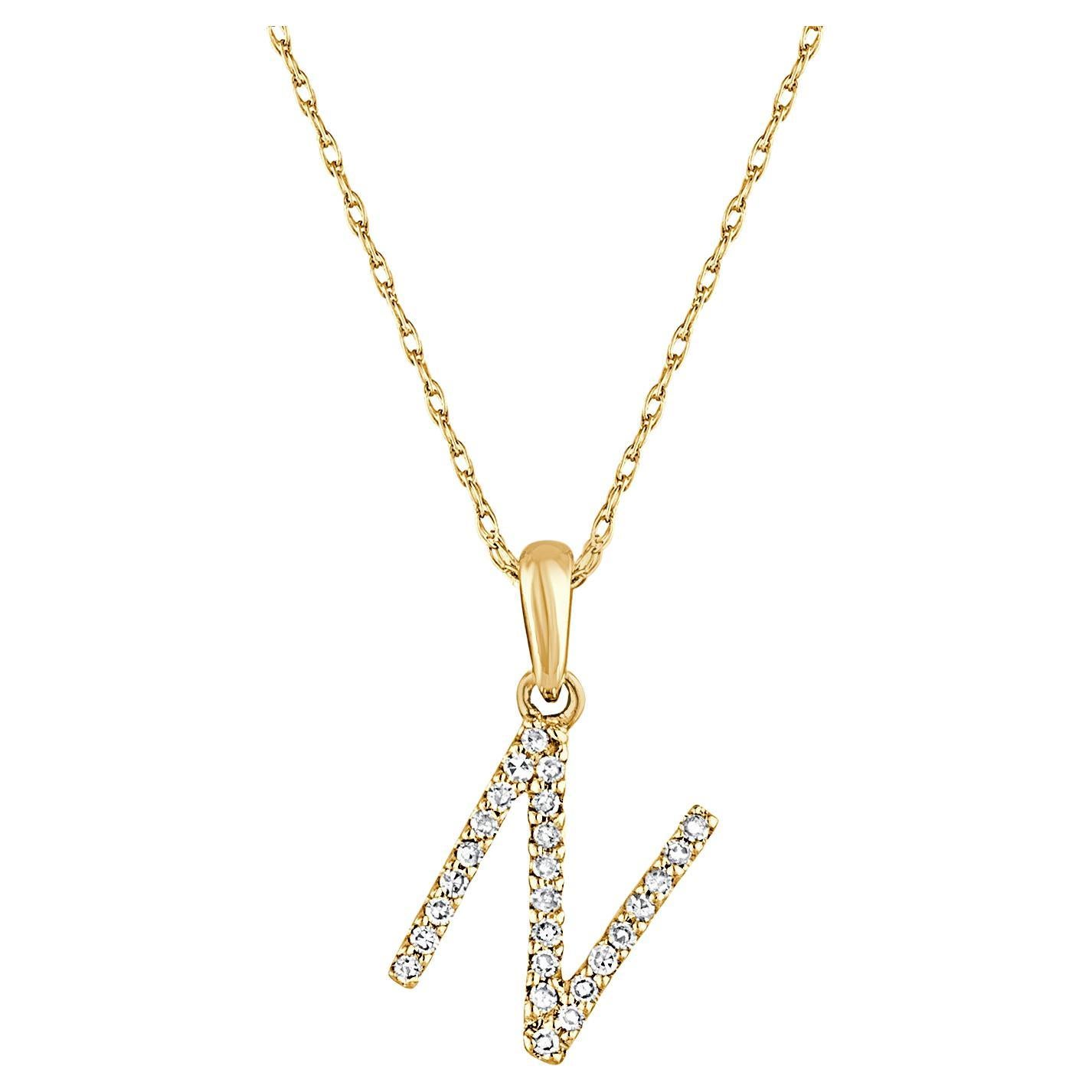 14 Karat Yellow Gold 0.06 Carat Diamond Initial Pendant Necklace, Initial N For Sale