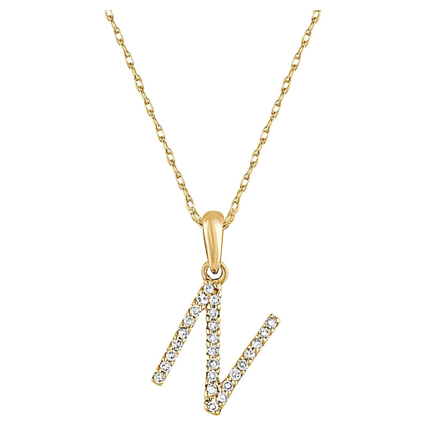 Collier pendentif en or jaune 14 carats avec diamants 0,06 carat, initial N