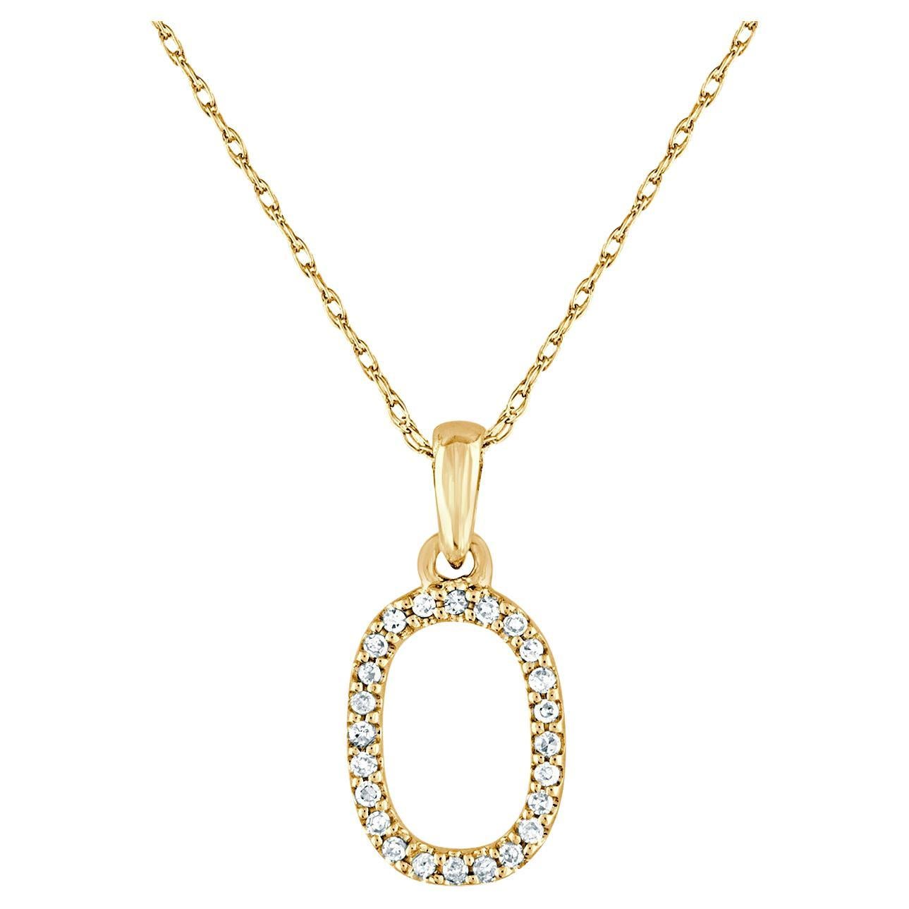 14 Karat Yellow Gold 0.06 Carat Diamond Initial Pendant Necklace, Initial O For Sale