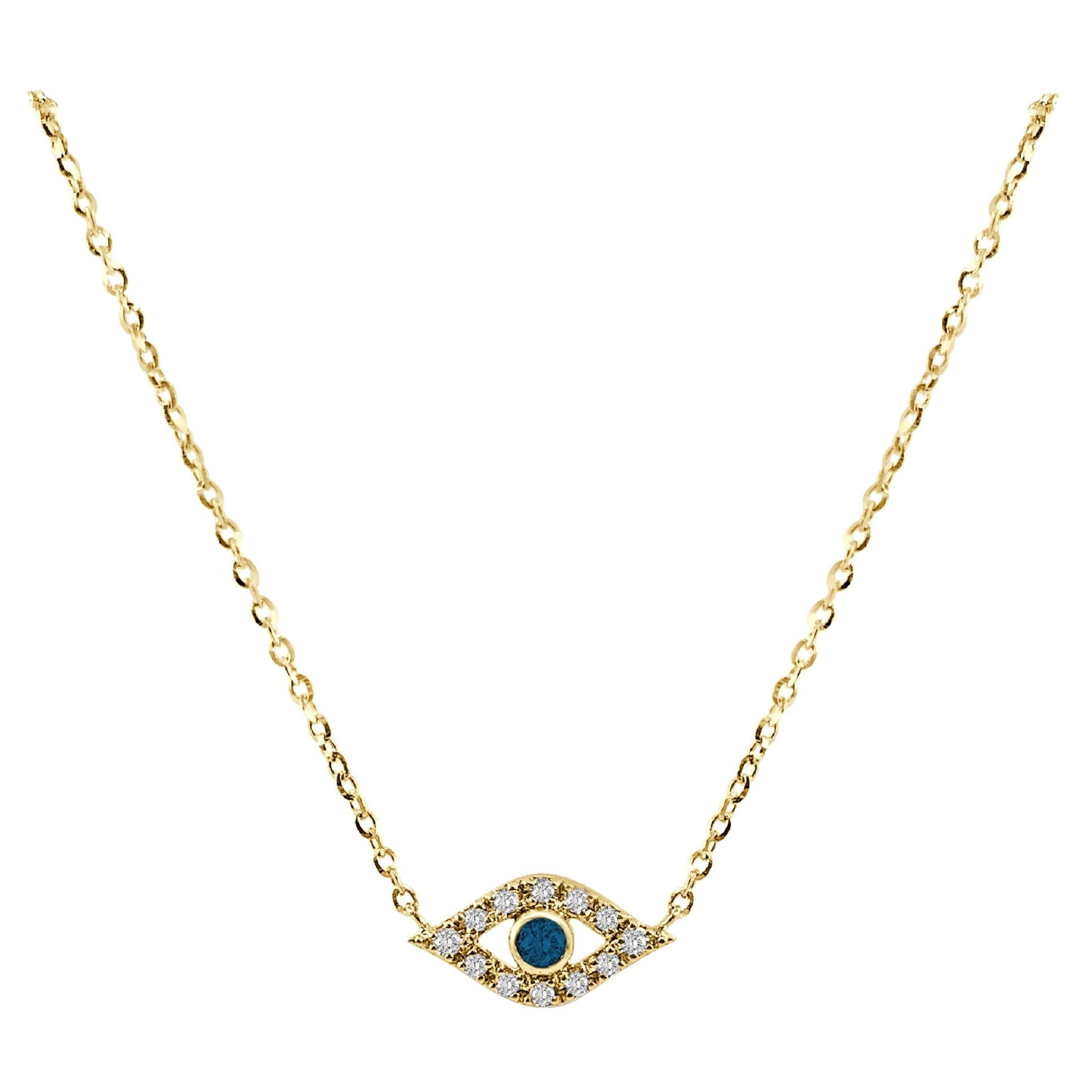 14 Karat Yellow Gold 0.08 Carat Diamond & Sapphire Evil Eye Necklace