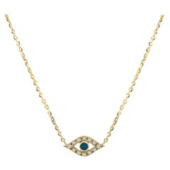 Collar de Oro Amarillo de 14 Kilates 0,08 Quilates Diamante y Zafiro Mal de Ojo