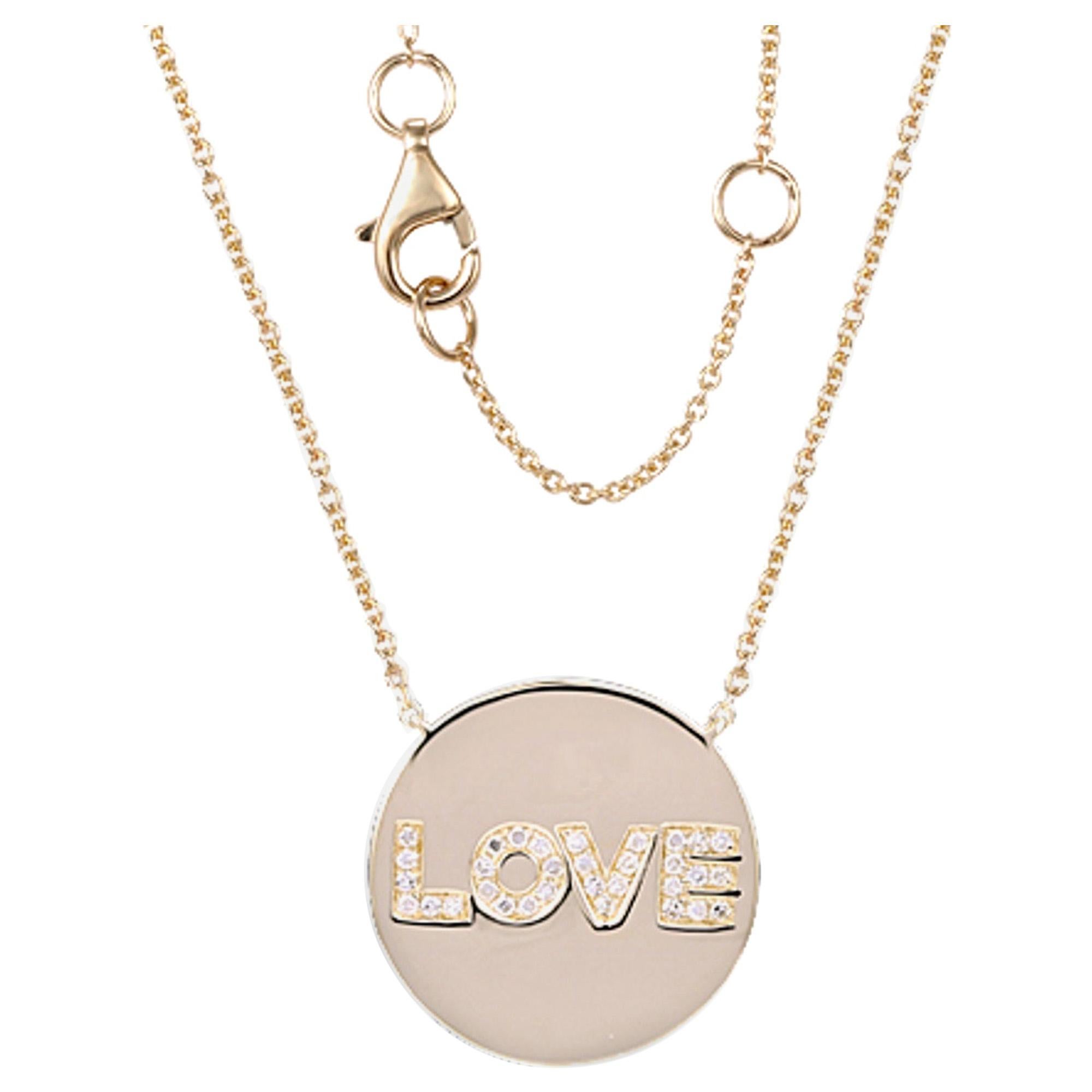 14 Karat Yellow Gold 0.09 Carat Diamond Love Disc Necklace For Sale