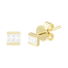 14 Karat Yellow Gold 0.095 Carat 3 Baguette Diamond Earrings