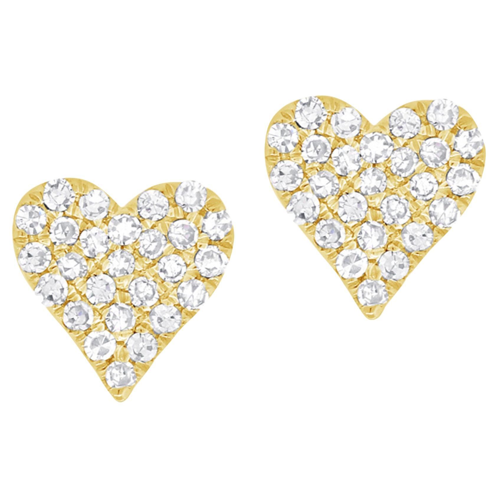 14 Karat Yellow Gold 0.10 Carat Diamond Heart Earrings For Sale