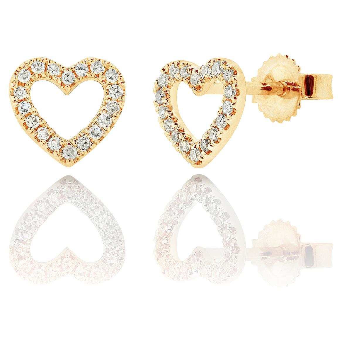 14 Karat Yellow Gold 0.10 Carat Diamond Open Heart Stud Earrings For Sale