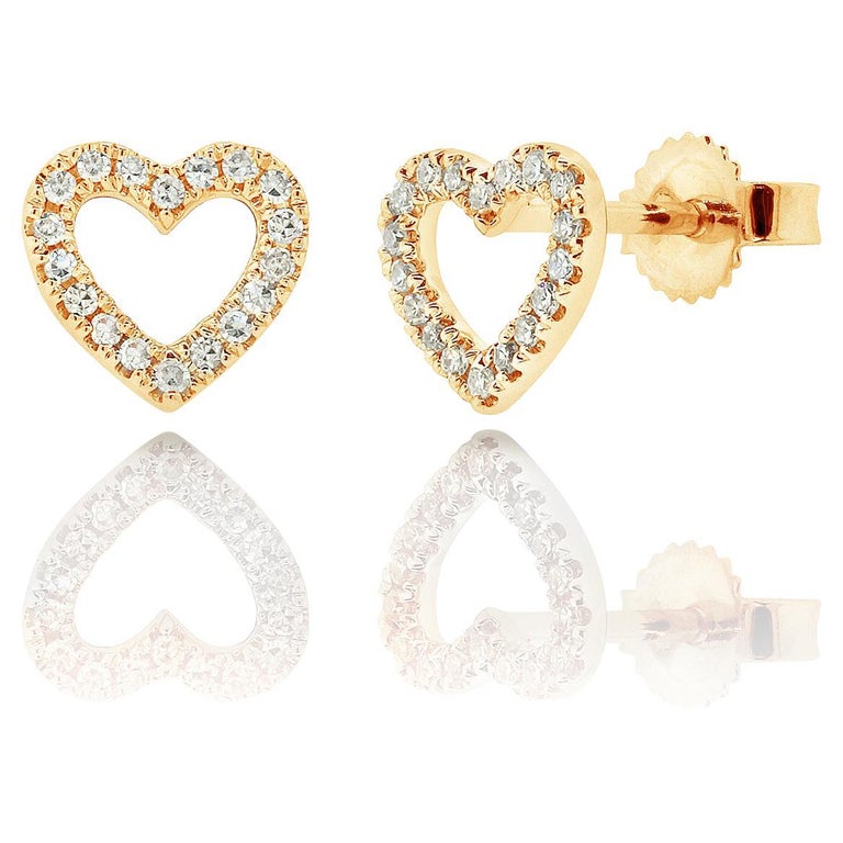 14 Karat Yellow Gold 0.10 Carat Diamond Open Heart Stud Earrings For