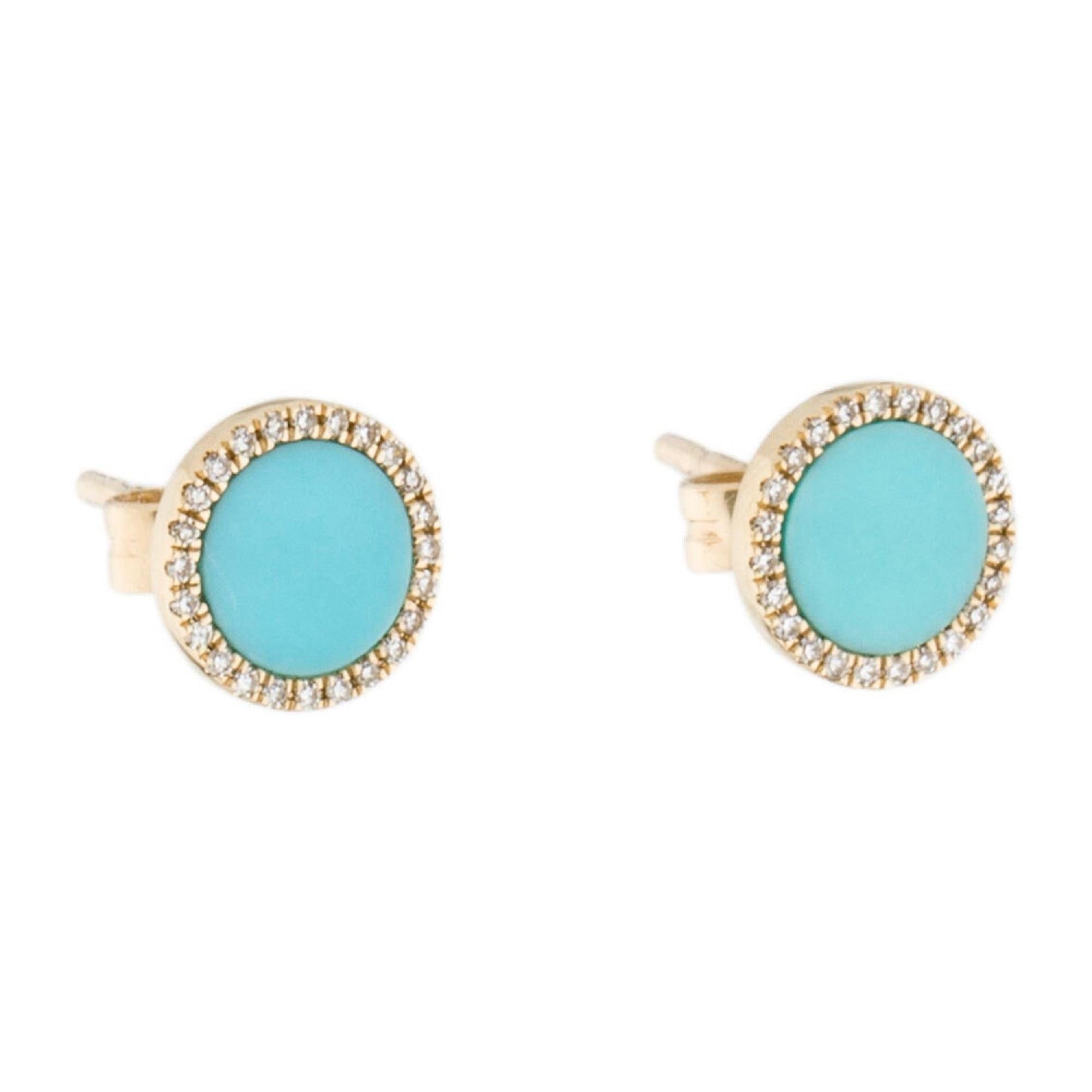 Show off your unique style with these striking diamond and turquoise disc Studs earrings. The earrings are crafted in 14k yellow gold and feature approximately 0.10ct of genuine white diamonds. The earrings are secured with butterfly backs.  Diamond